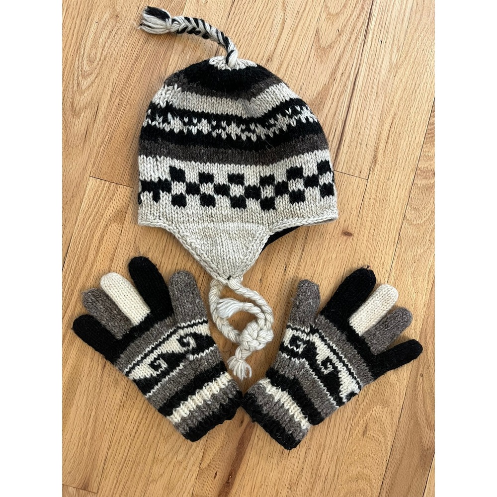 Handmade Nepal Wool Earflap Beanie Hat and‎ Gloves Set Fair Isle Knit Grey